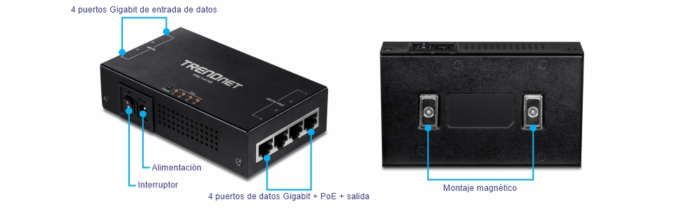 Múltiples vistas de un inyector Gigabit PoE+ de 4 puertos y 65 W. La vista en ángulo frontal izquierdo está etiquetada con cuatro puertos de entrada de datos Gigabit, un conmutador de encendido/apagado, un puerto de alimentación y cuatro puertos de salida Gigabit Data + PoE+. La vista derecha muestra la parte inferior del dispositivo, etiquetada con un soporte magnético.